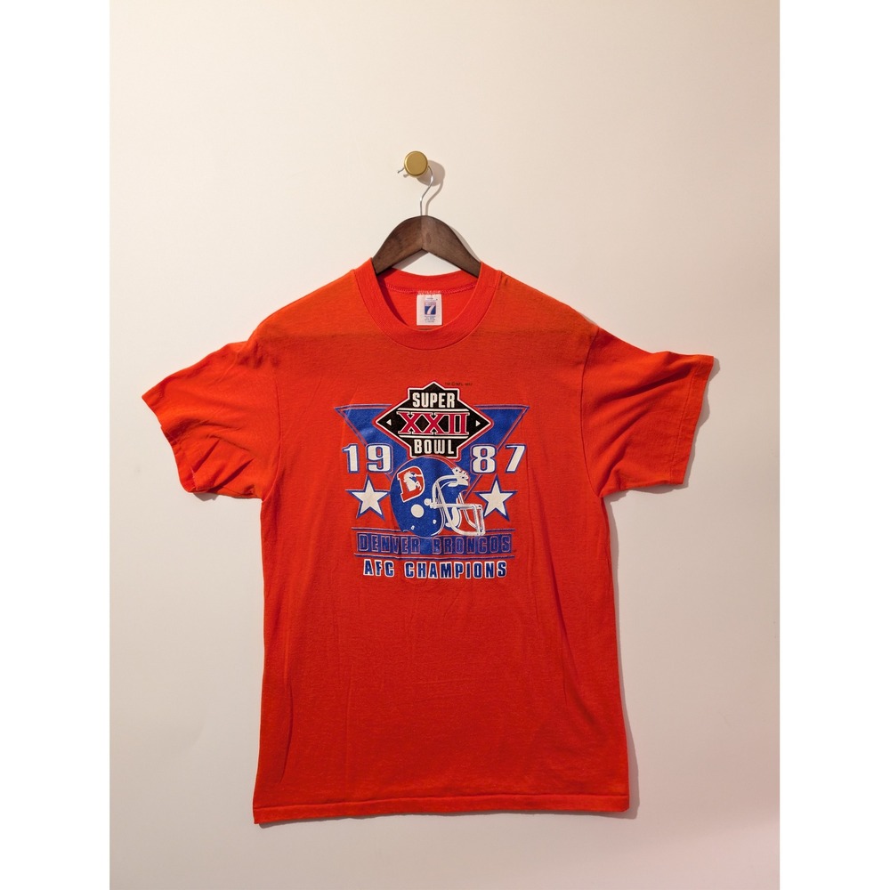Logo 7 Denver Broncos T Shirt Mens L Orange 1987 Super Bowl XXII Vintage NFL Tee
